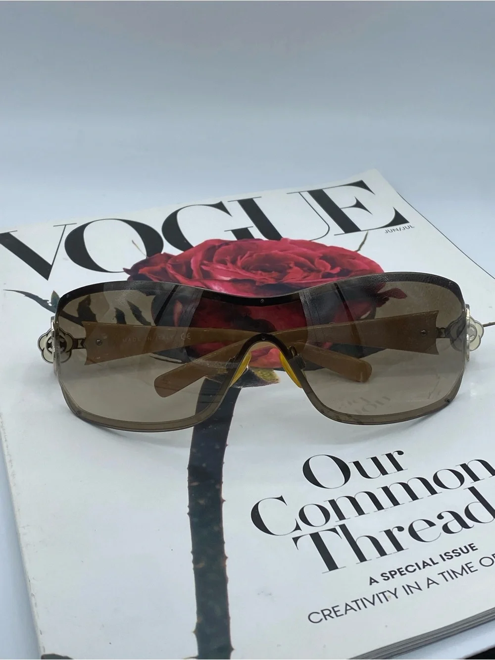 CHANEL Brown Gradient Shield Sunglasses with Gold Camellia Accents